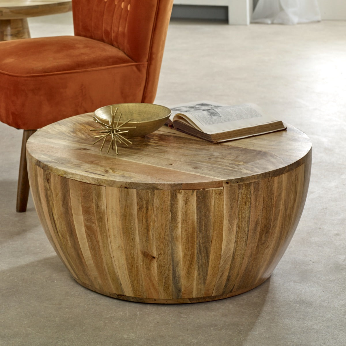 Surrey solid wood drum coffee table made from eco-friendly mango wood