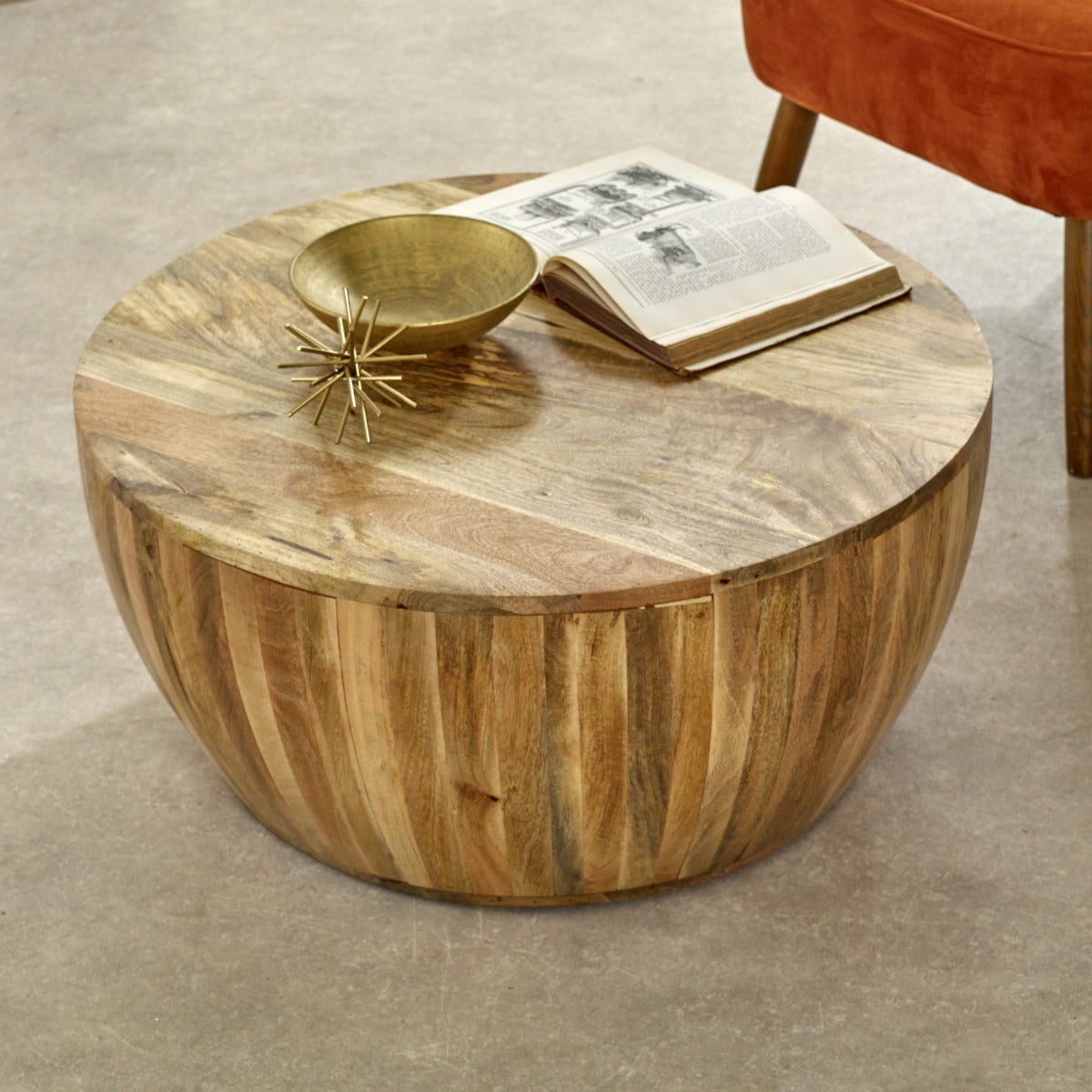 Surrey solid wood drum coffee table made from eco-friendly mango wood