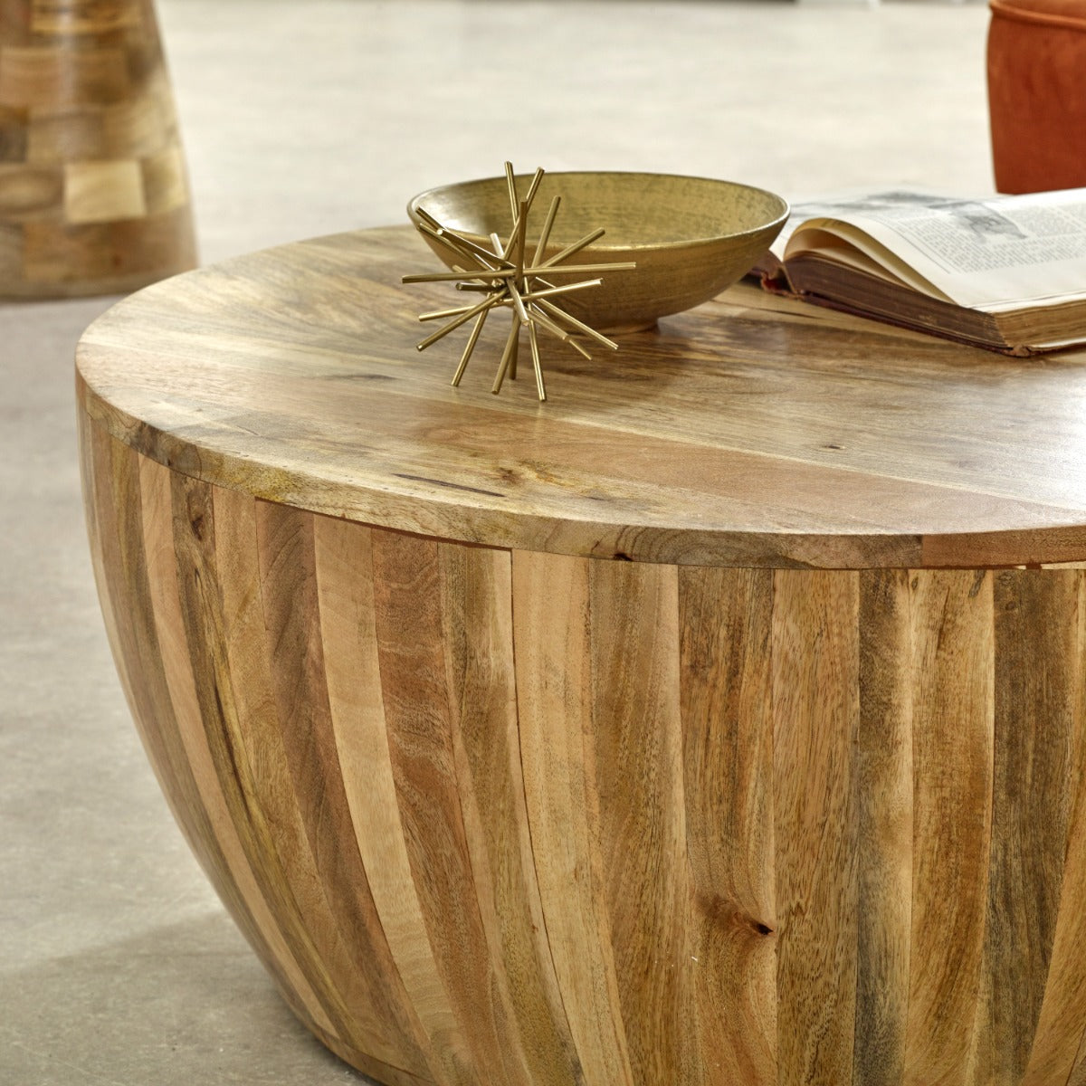 Surrey solid wood drum coffee table made from eco-friendly mango wood