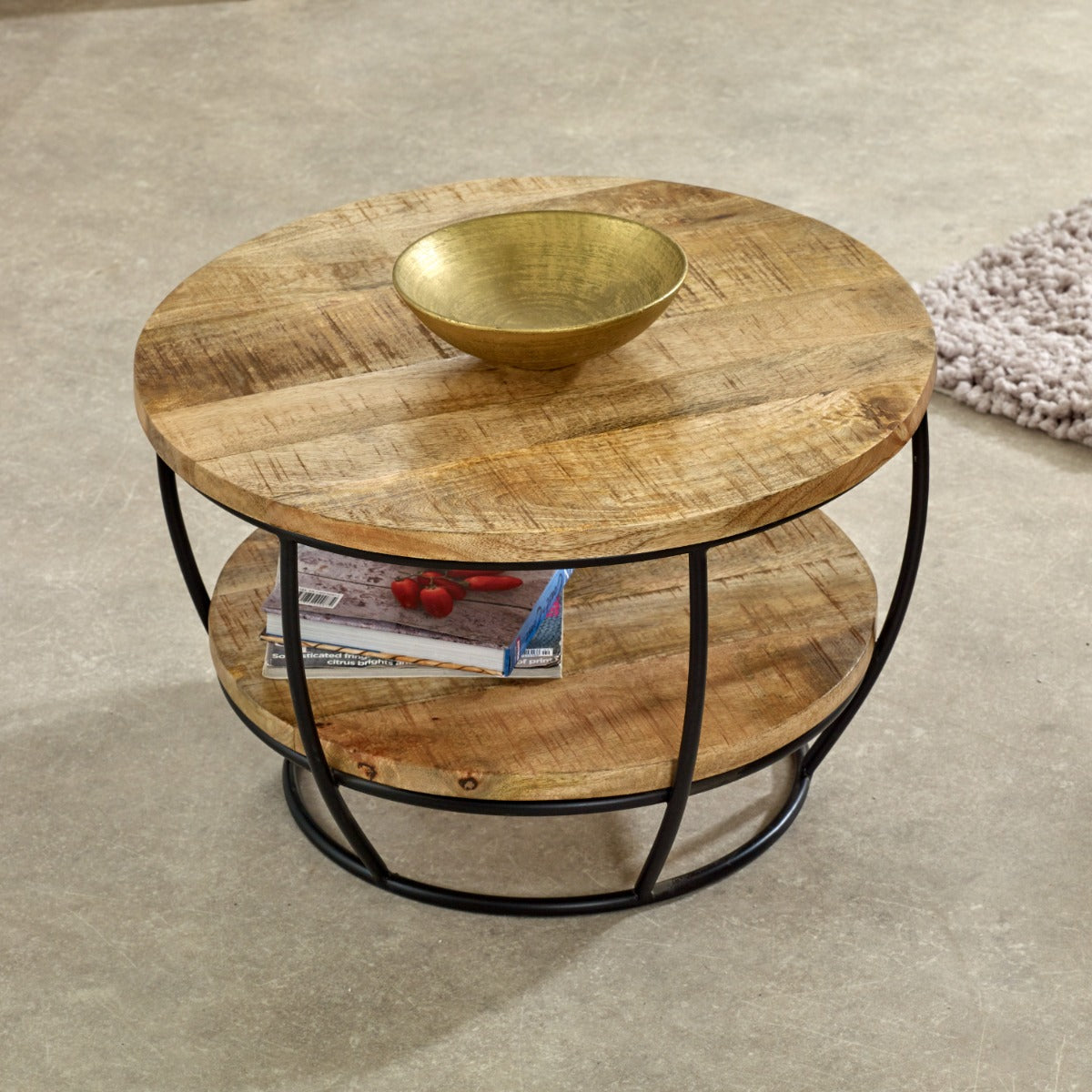 Surrey solid wood and metal coffee table with shelf, featuring a natural finish and sturdy design