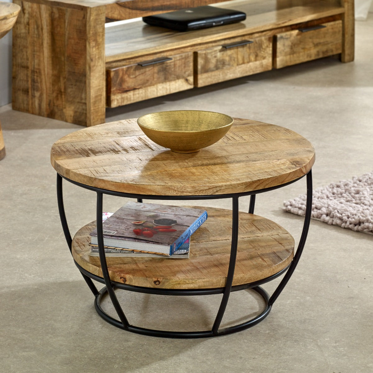 Surrey solid wood and metal coffee table with shelf, featuring a natural finish and sturdy design