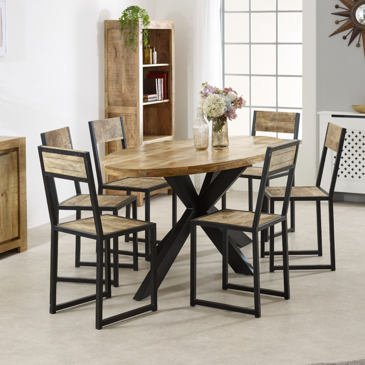 Surrey solid wood oval dining table with metal legs, rustic style