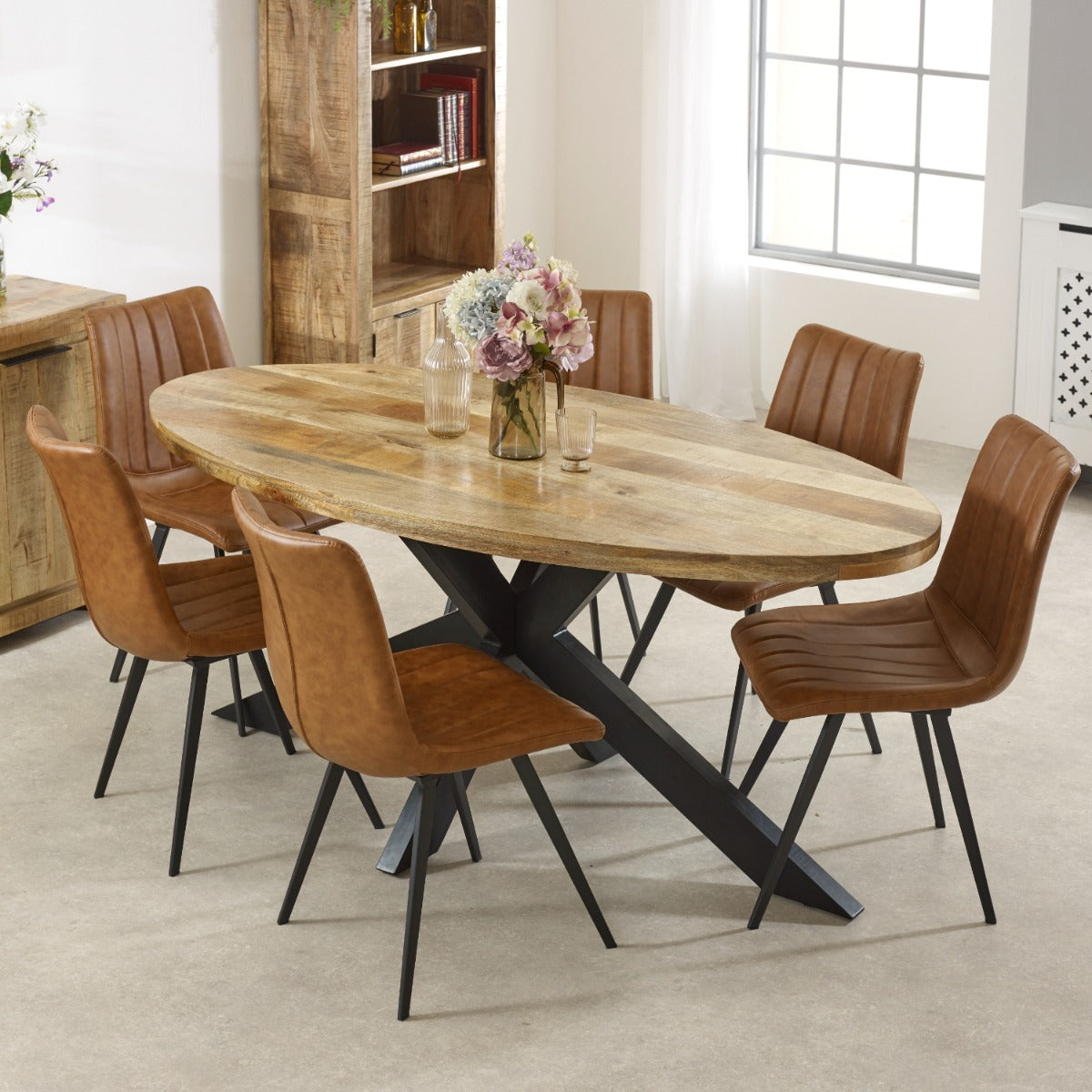 Surrey solid wood oval dining table with metal legs, rustic style