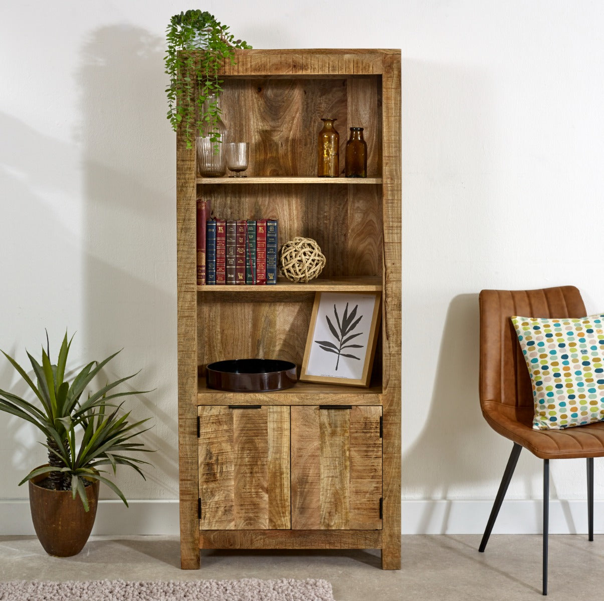 Surrey solid wood bookcase with doors, handcrafted from mango wood