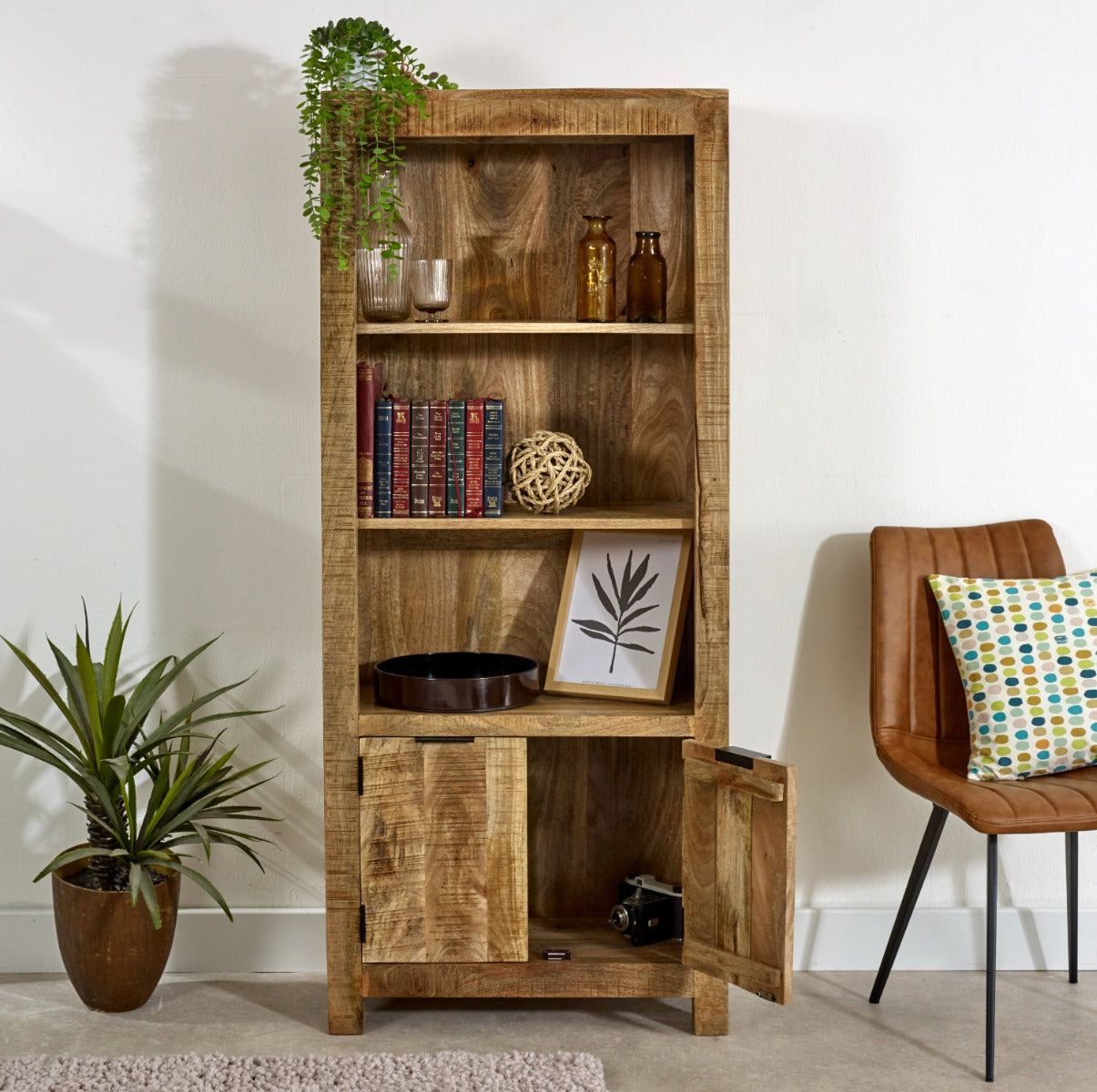 Surrey solid wood bookcase with doors, handcrafted from mango wood