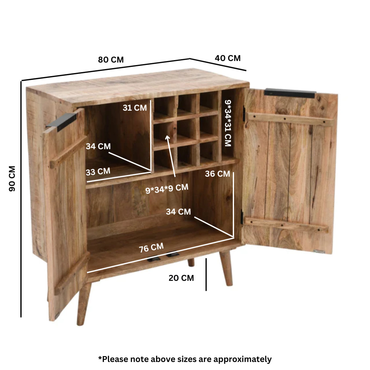 Surrey solid wood drinks cabinet with a lacquered finish, showcasing handmade craftsmanship and natural wood grain.