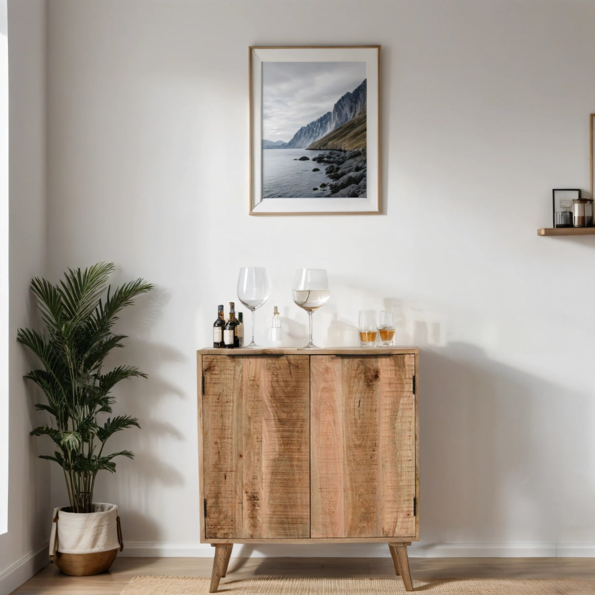 Surrey solid wood drinks cabinet with a lacquered finish, showcasing handmade craftsmanship and natural wood grain.
