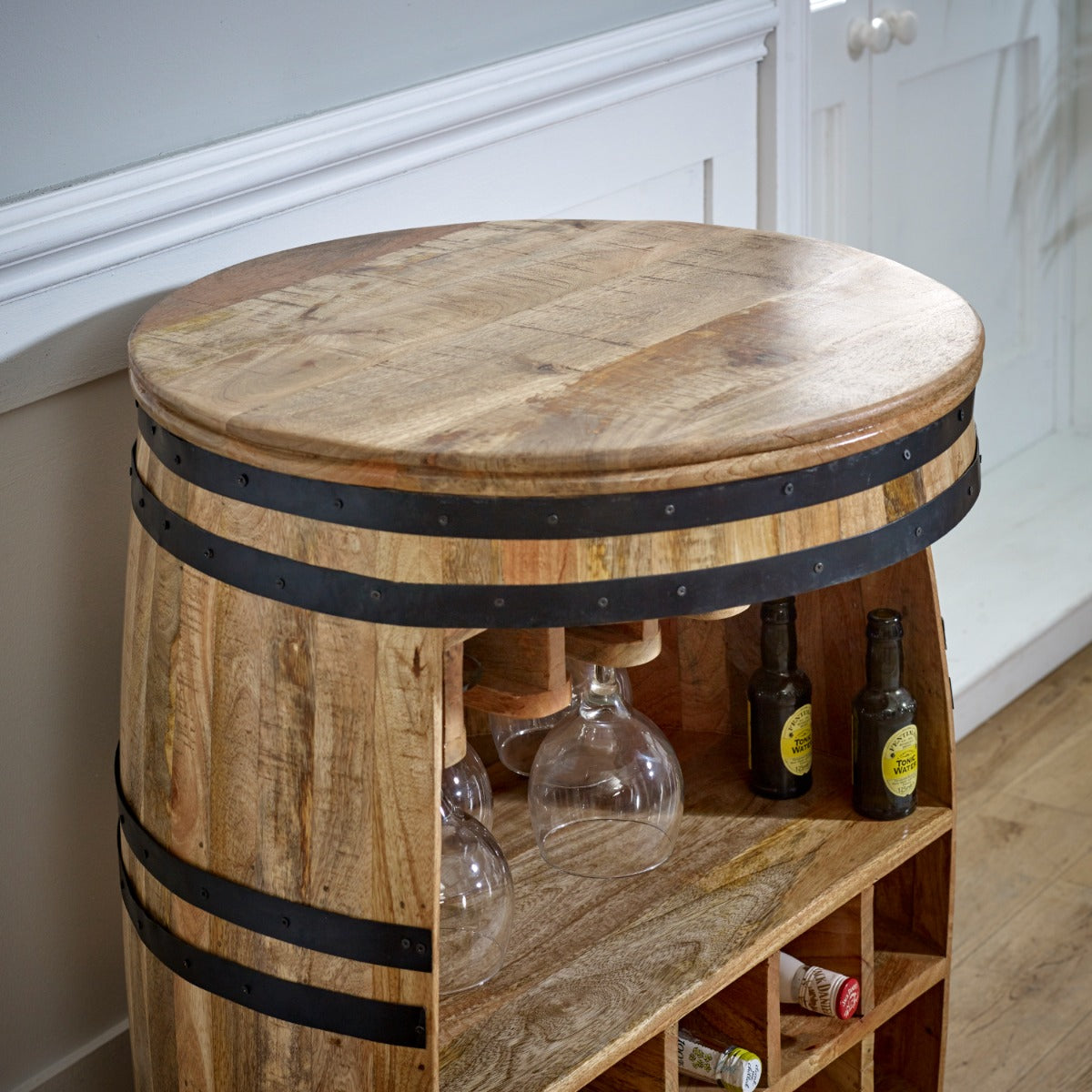Surrey Solid Dark Wood Barrel Wine Sideboard made from eco-sourced mango wood