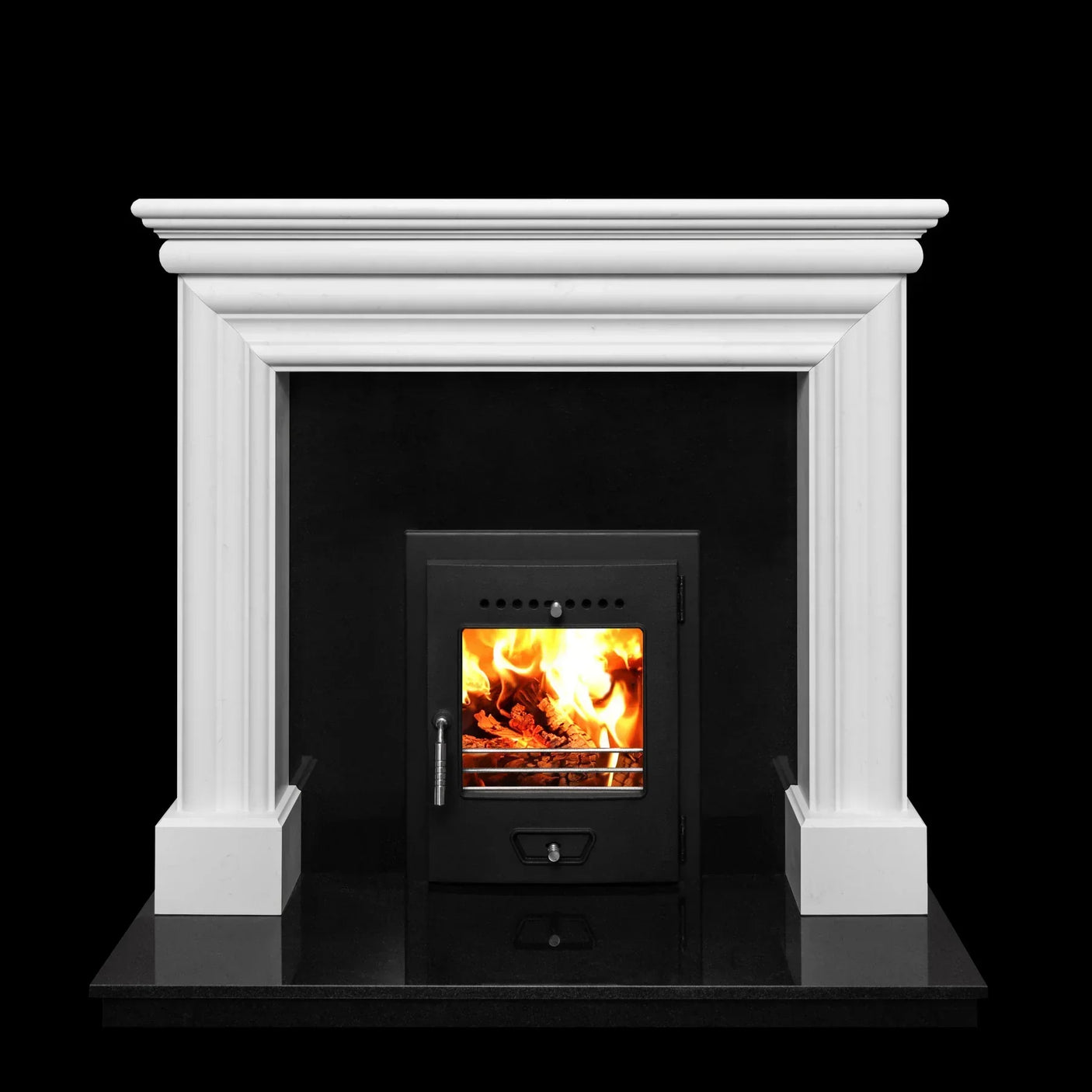White fire door surround with black hearth and glass wood-burning stove, fire inside