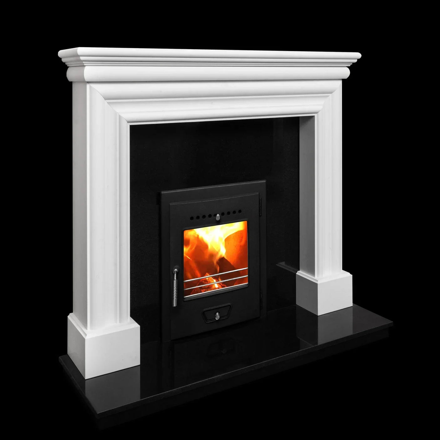 White fire door with black insert featuring built-in stove and active burning flame