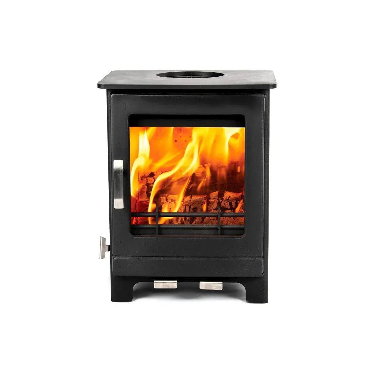Black wood burning stove with visible fire and logs viewed from the front