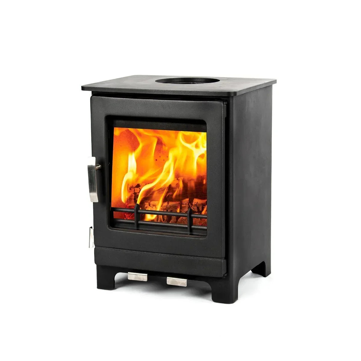 Black wood burning stove with glass door showing fire and log fuel, left side view