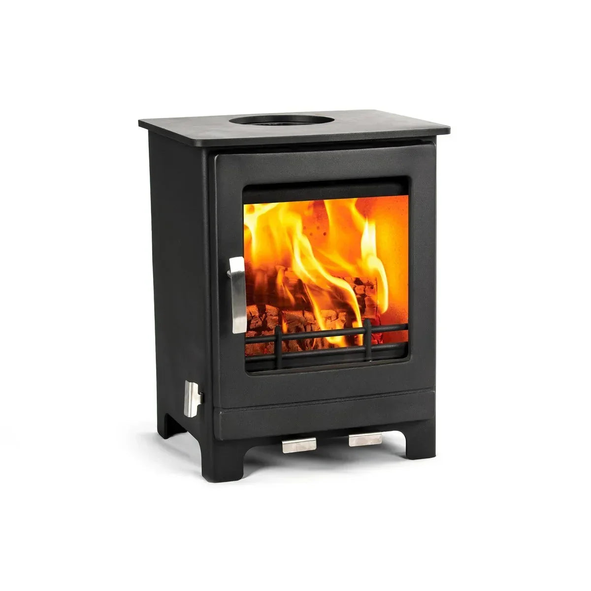 Black wood burning stove with glass front showing flames, right side view