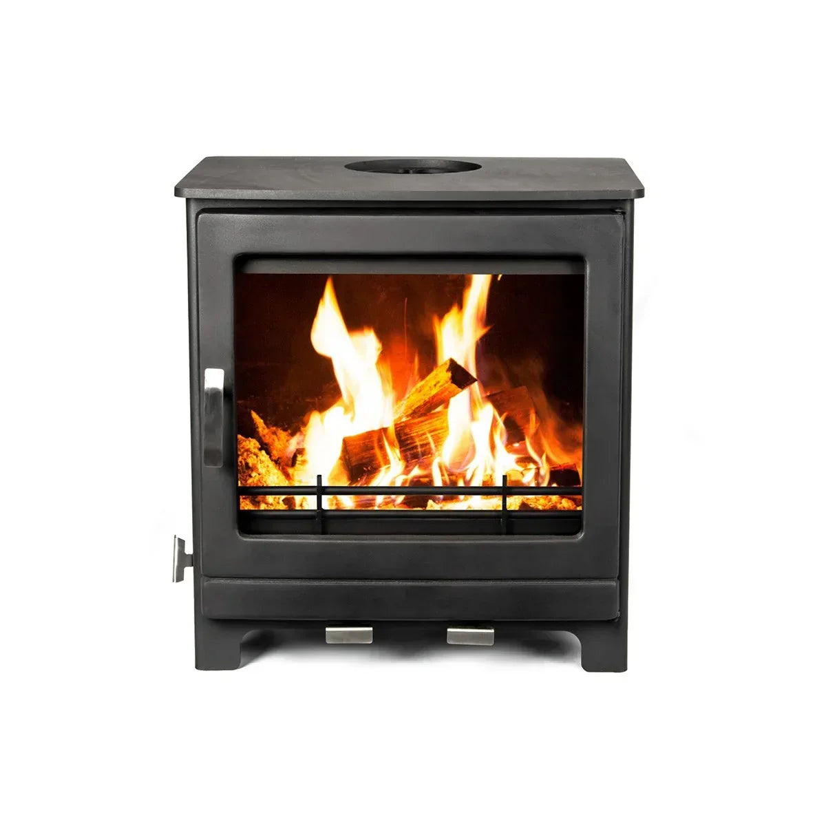 black freestanding wood burning stove with firewood burning behind glass front panel