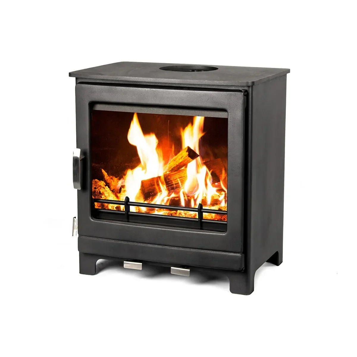 Black wood burning stove with glass door showing flames and logs inside