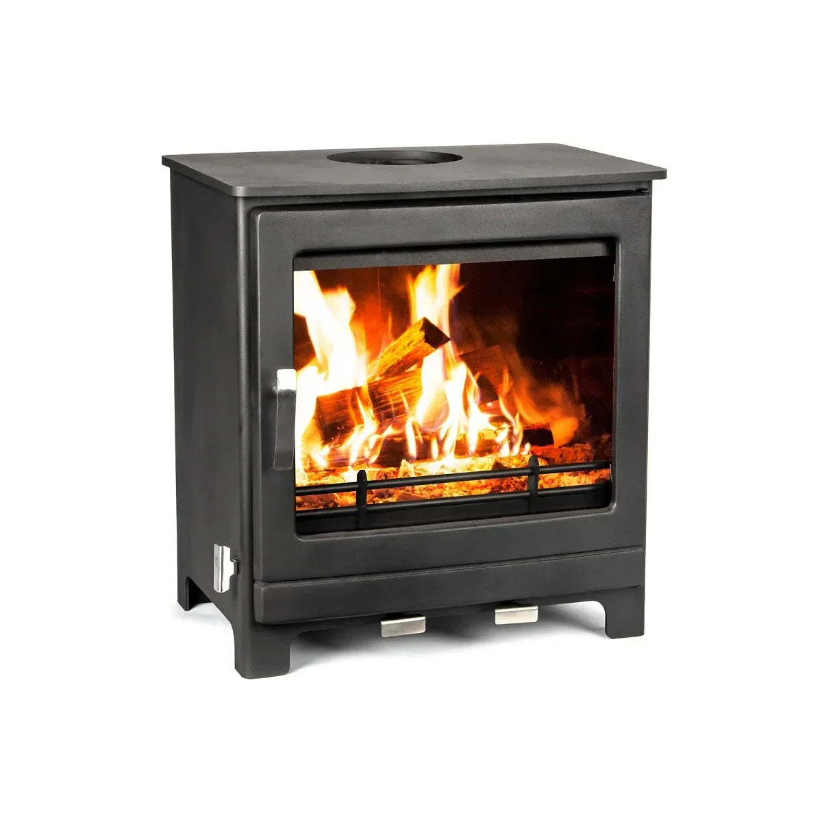 Black wood burning stove with glass front showing flames and burning logs