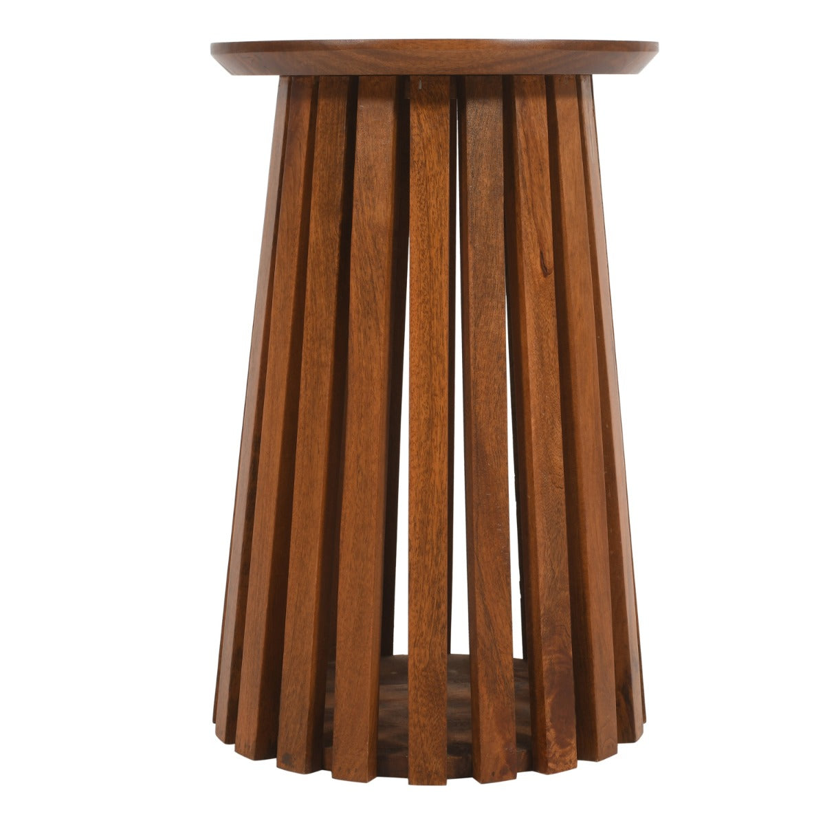 Slatted round side table made from natural mango wood