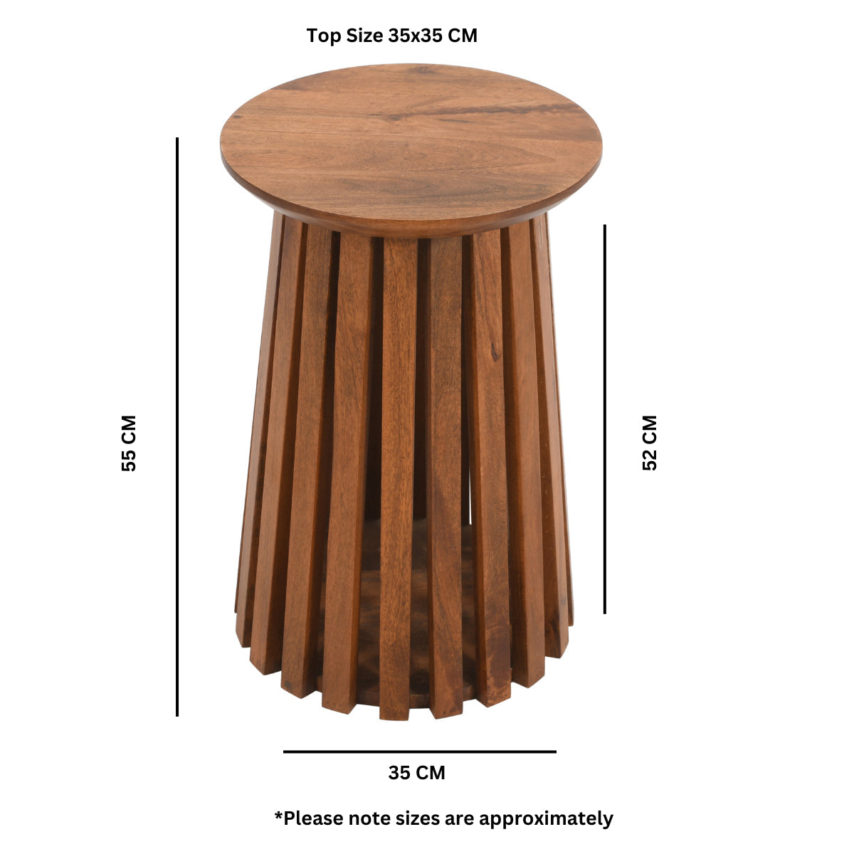 Slatted round side table made from natural mango wood