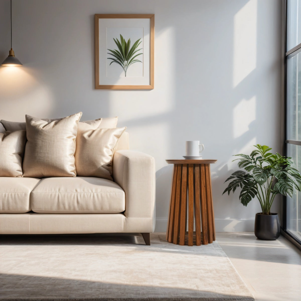 Slatted round side table made from natural mango wood
