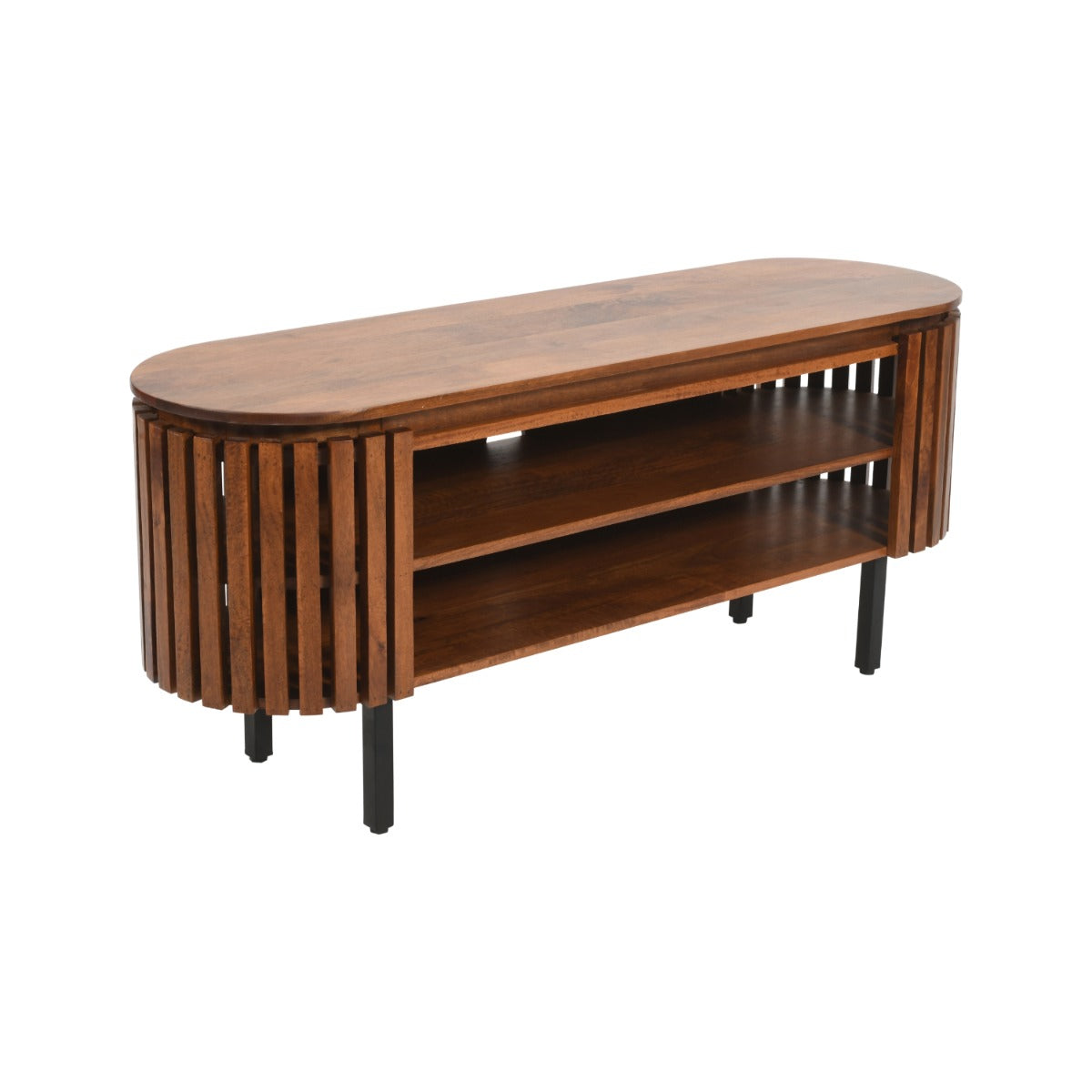 Rustic slatted mango wood TV cabinet with a lacquered finish
