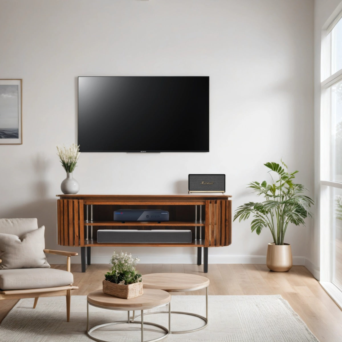 Rustic slatted mango wood TV cabinet with a lacquered finish