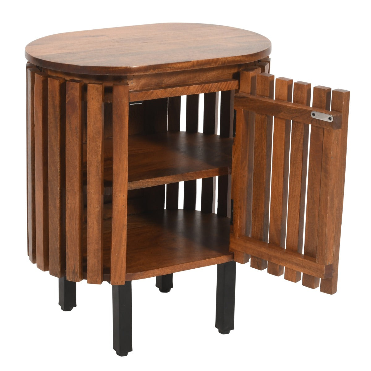 Slatted mango wood bedside table with sleek design and lacquered finish