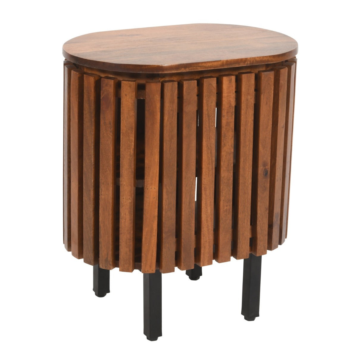Slatted mango wood bedside table with sleek design and lacquered finish