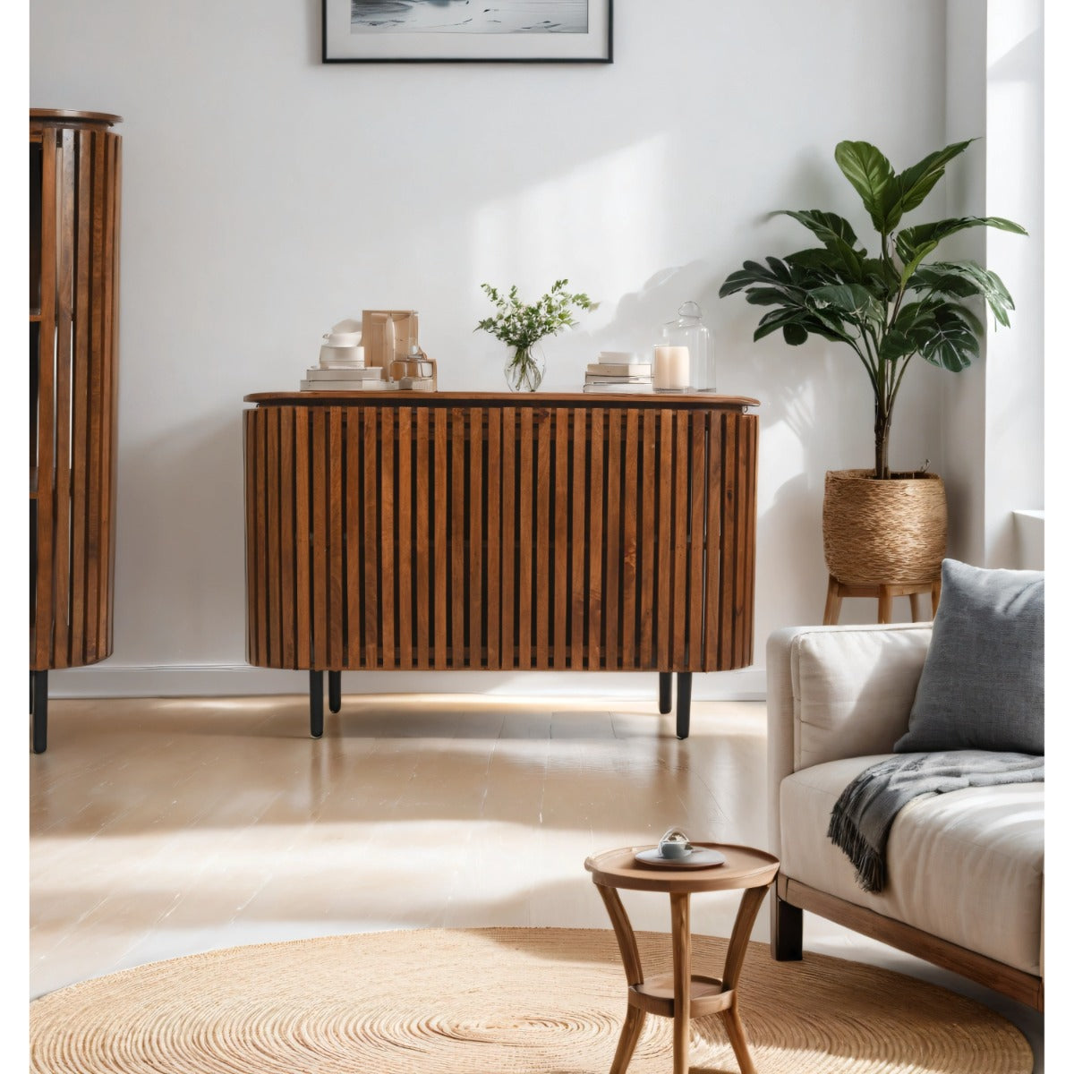 Modern slatted mango wood sideboard with metal legs