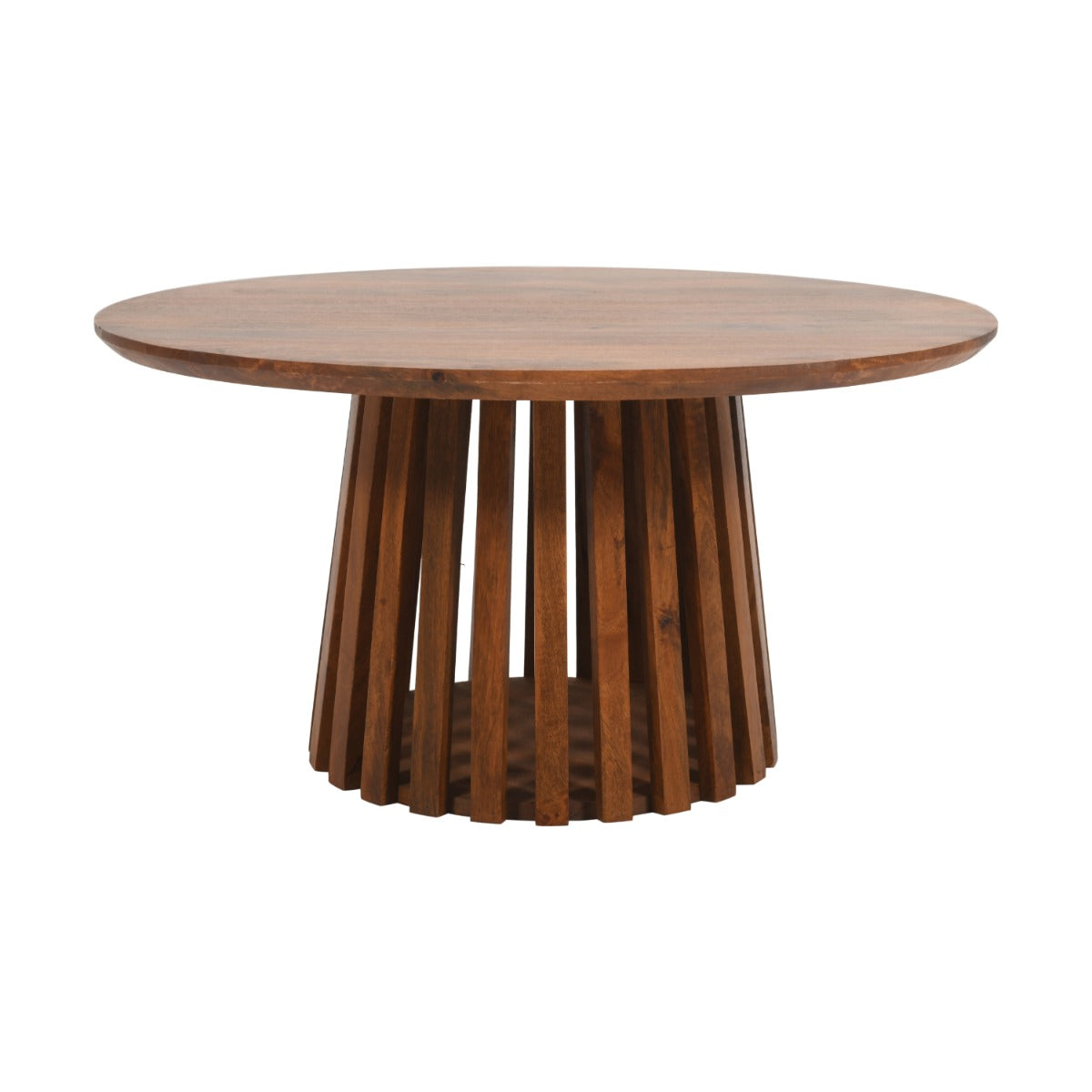 Round slatted coffee table made from sustainably sourced mango wood