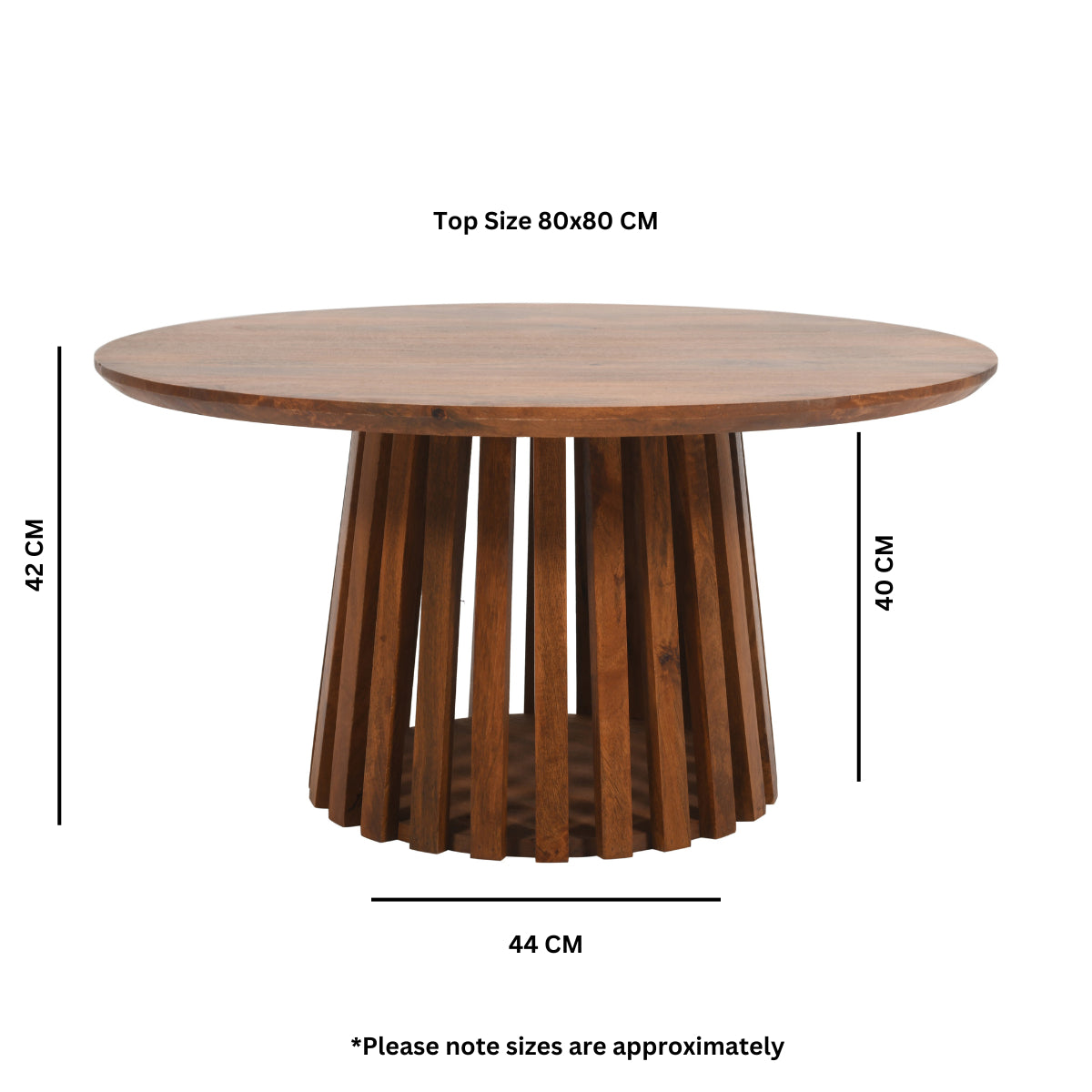 Round slatted coffee table made from sustainably sourced mango wood