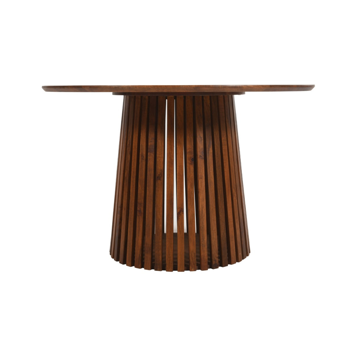 Stylish slatted mango wood round dining table in a modern setting