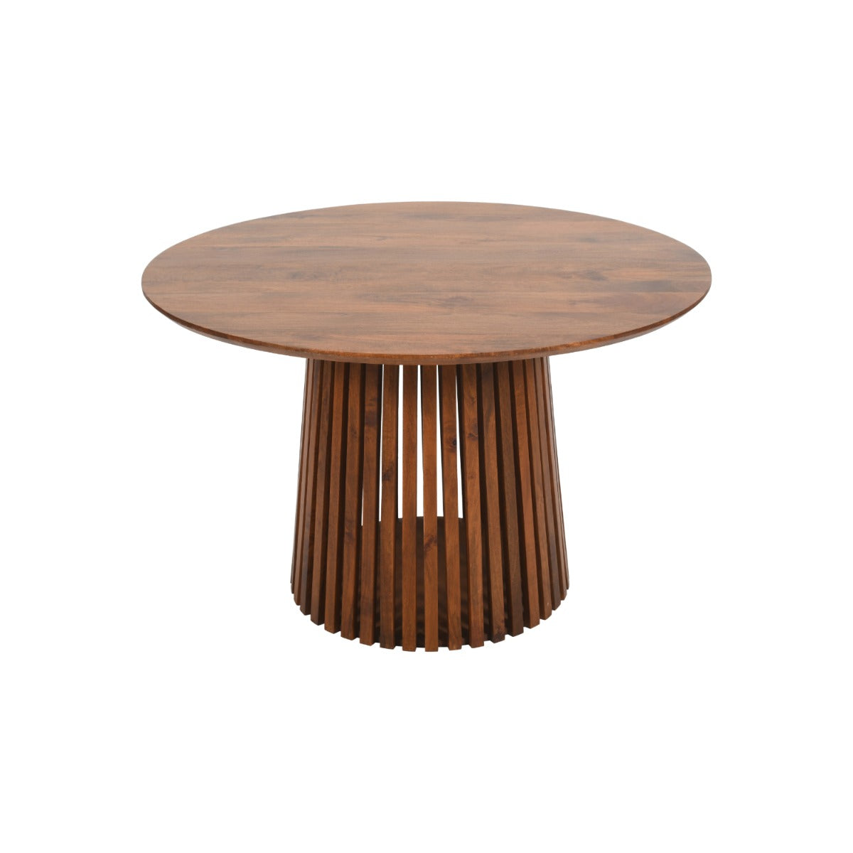 Stylish slatted mango wood round dining table in a modern setting