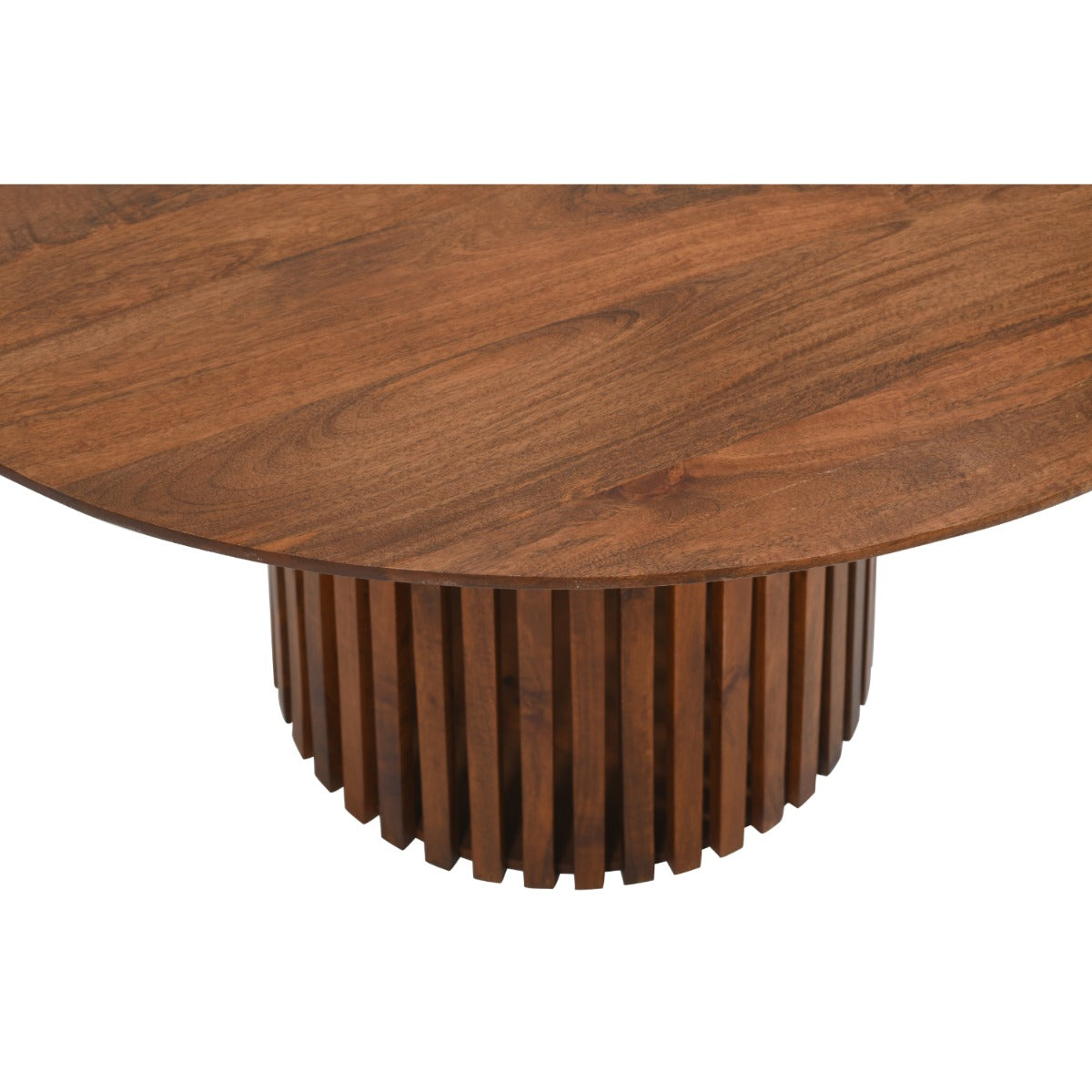Stylish slatted mango wood round dining table in a modern setting