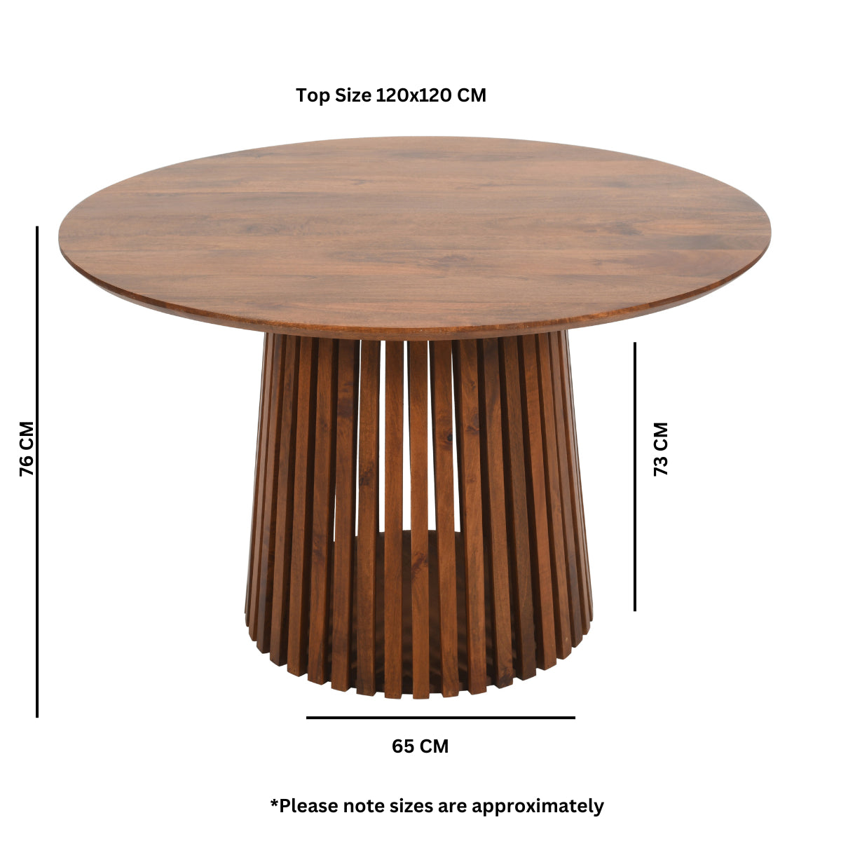 Stylish slatted mango wood round dining table in a modern setting