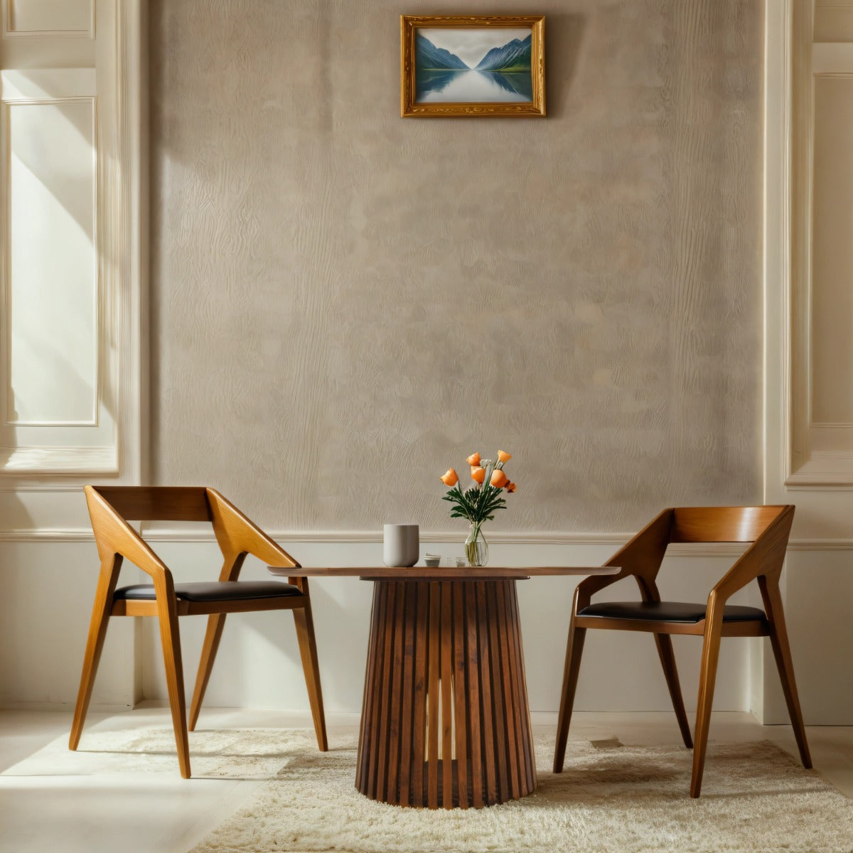 Stylish slatted mango wood round dining table in a modern setting