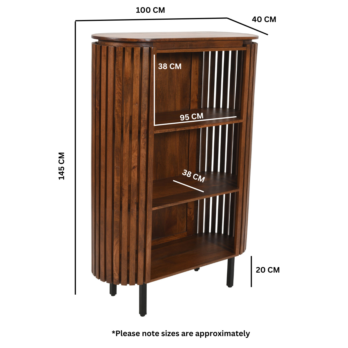 Premium slatted mango wood bookcase with metal legs
