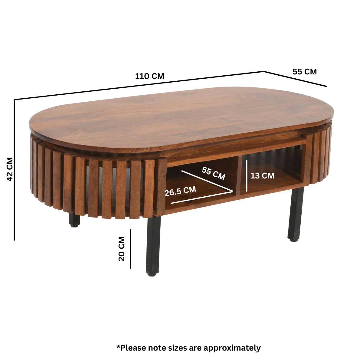 Premium slatted mango wood coffee table with metal legs