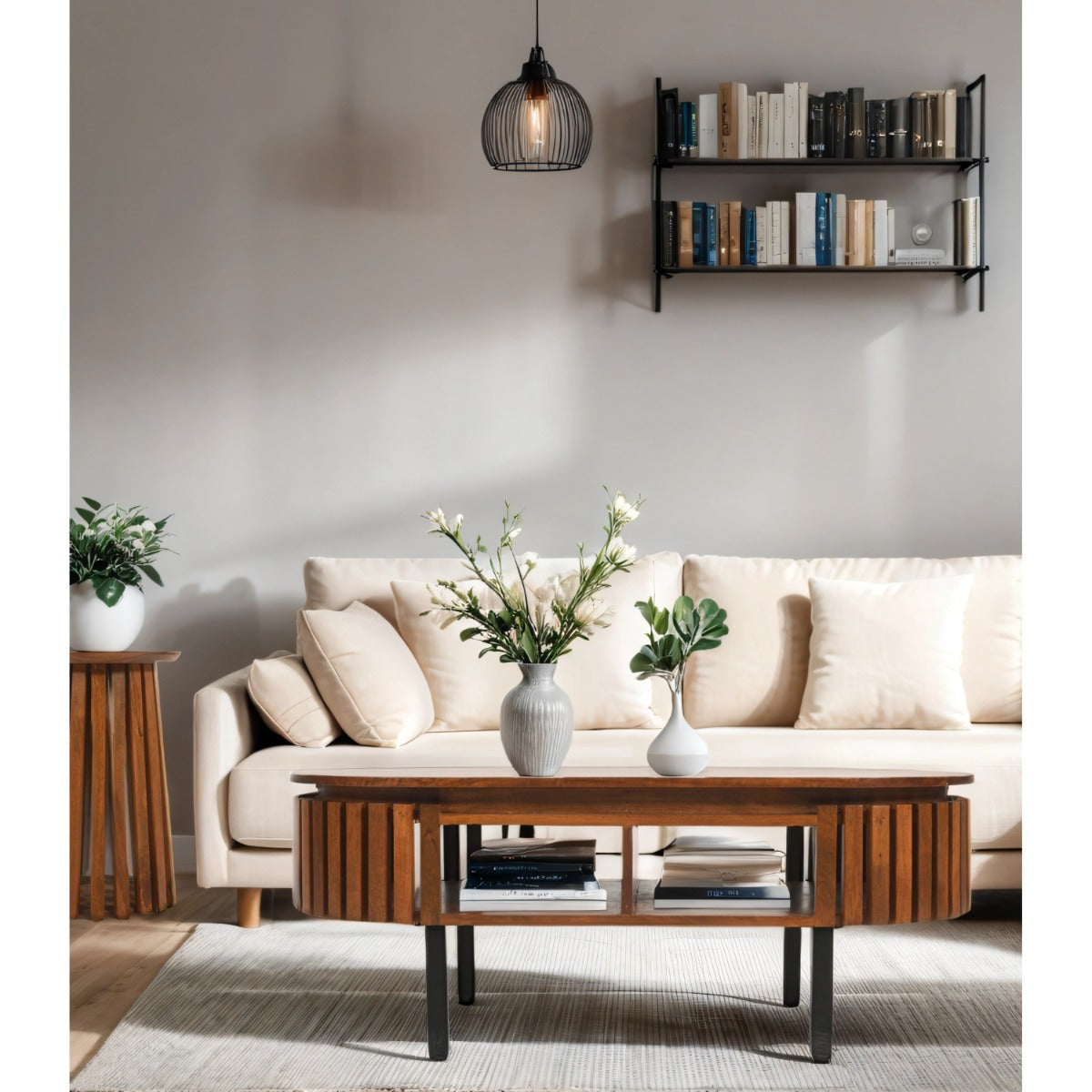 Premium slatted mango wood coffee table with metal legs