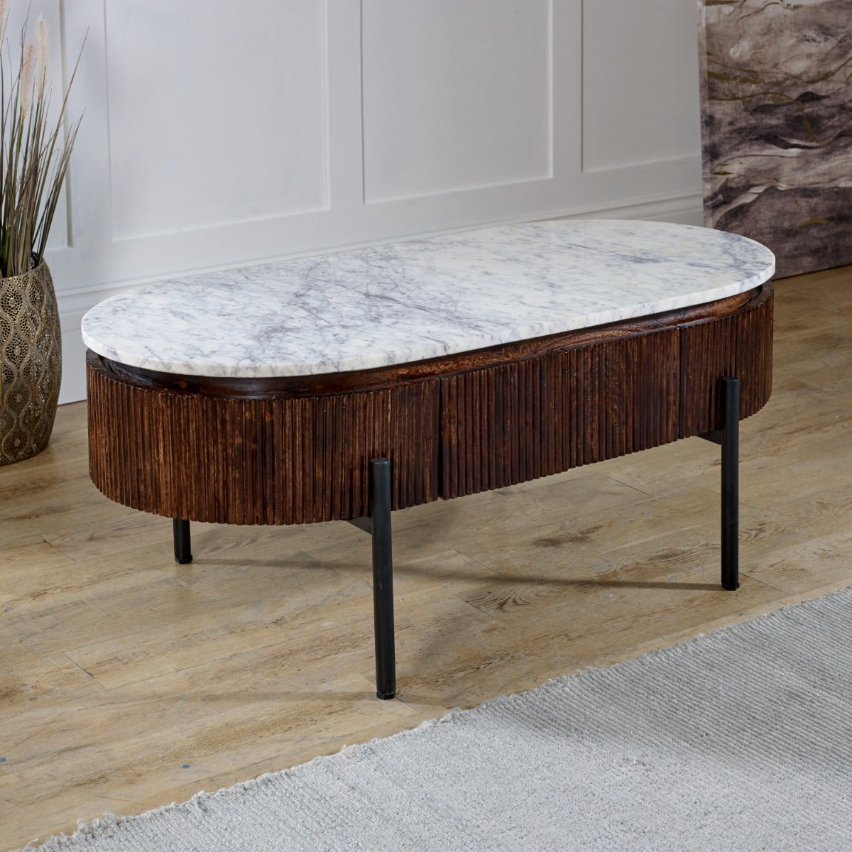 Opal Mango Wood rectangular coffee table with marble top and metal legs