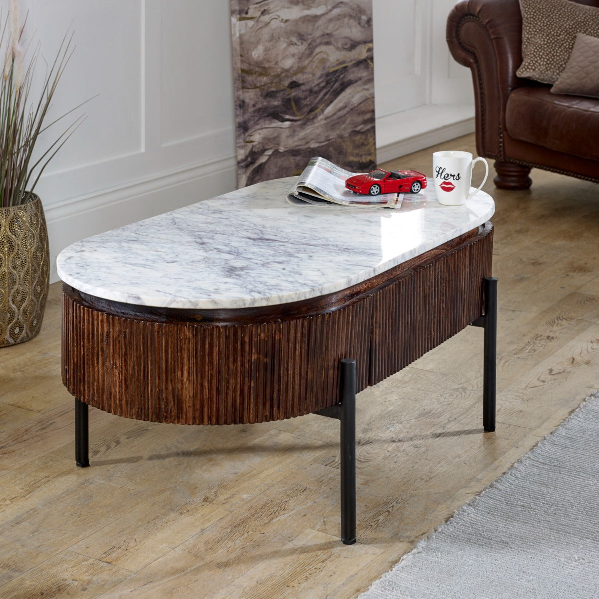 Opal Mango Wood rectangular coffee table with marble top and metal legs