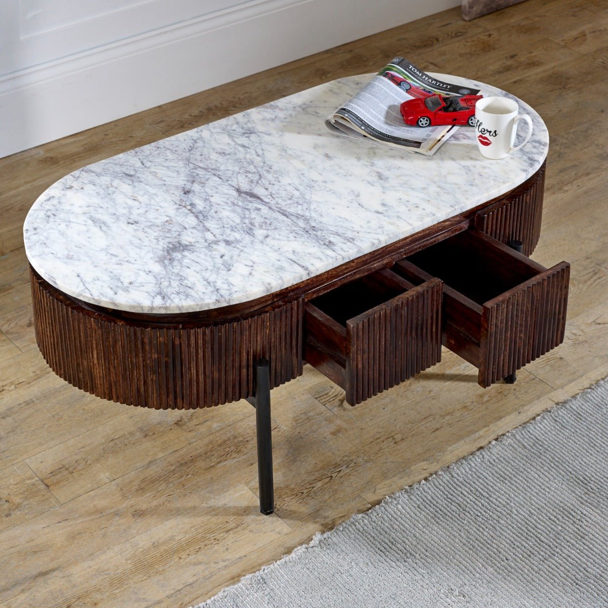 Opal Mango Wood rectangular coffee table with marble top and metal legs