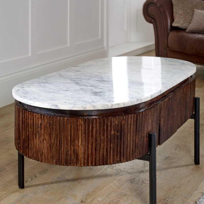 Opal Mango Wood Rectangular Fluted Coffee Table With Marble Top & Metal Legs - View 4