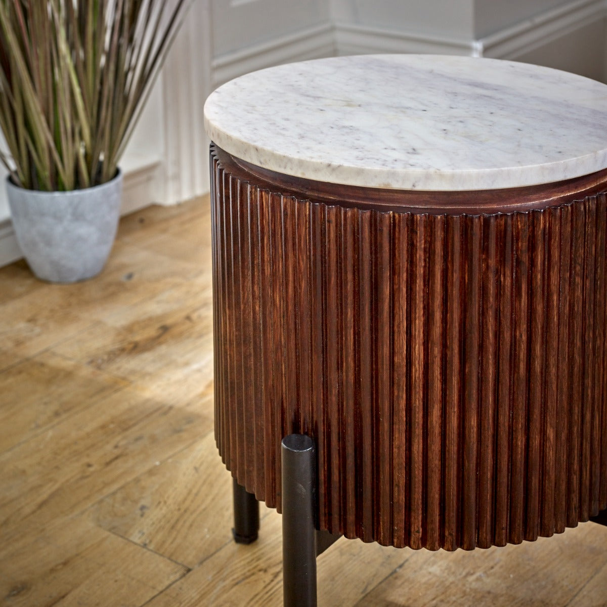 Opal Mango Wood side table with elegant marble top and metal legs