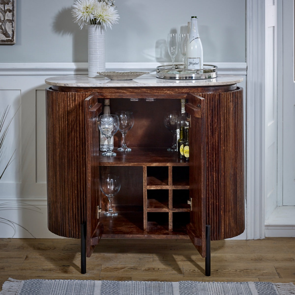 Opal solid wood sideboard with marble top and metal legs