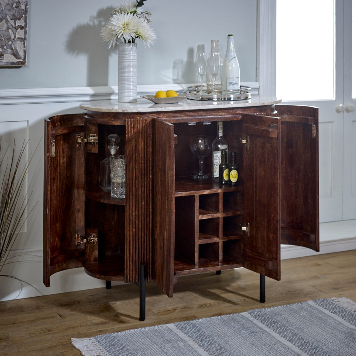 Opal solid wood sideboard with marble top and metal legs