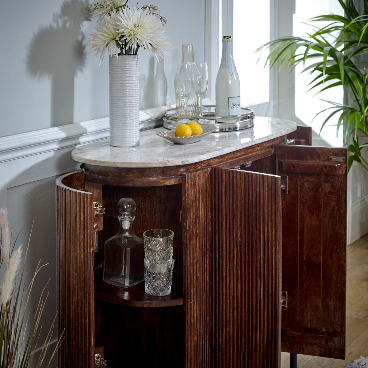 Opal solid wood sideboard with marble top and metal legs
