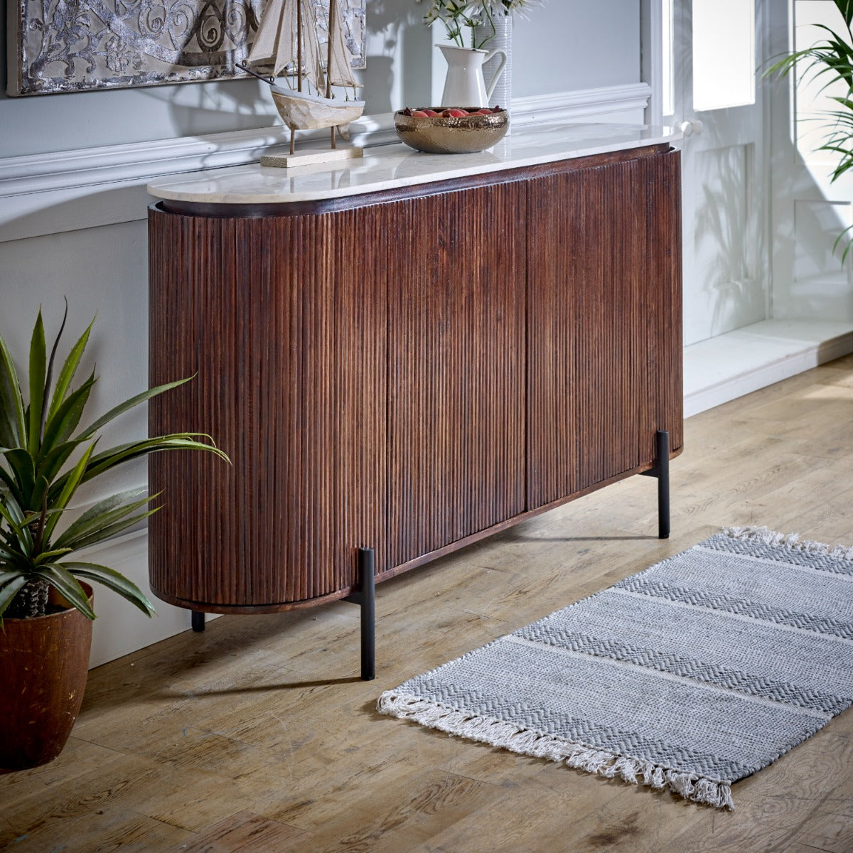 Opal mango wood sideboard with marble top and metal legs