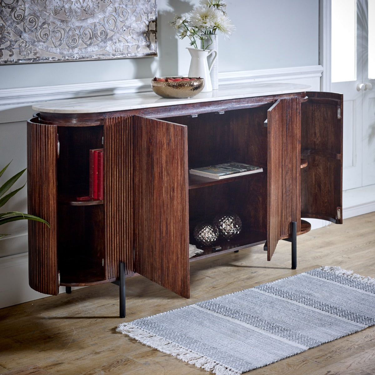 Opal mango wood sideboard with marble top and metal legs