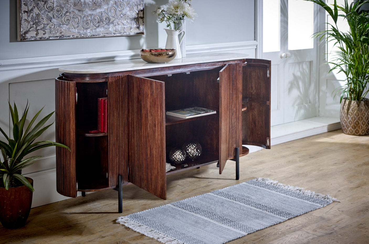 Opal mango wood sideboard with marble top and metal legs