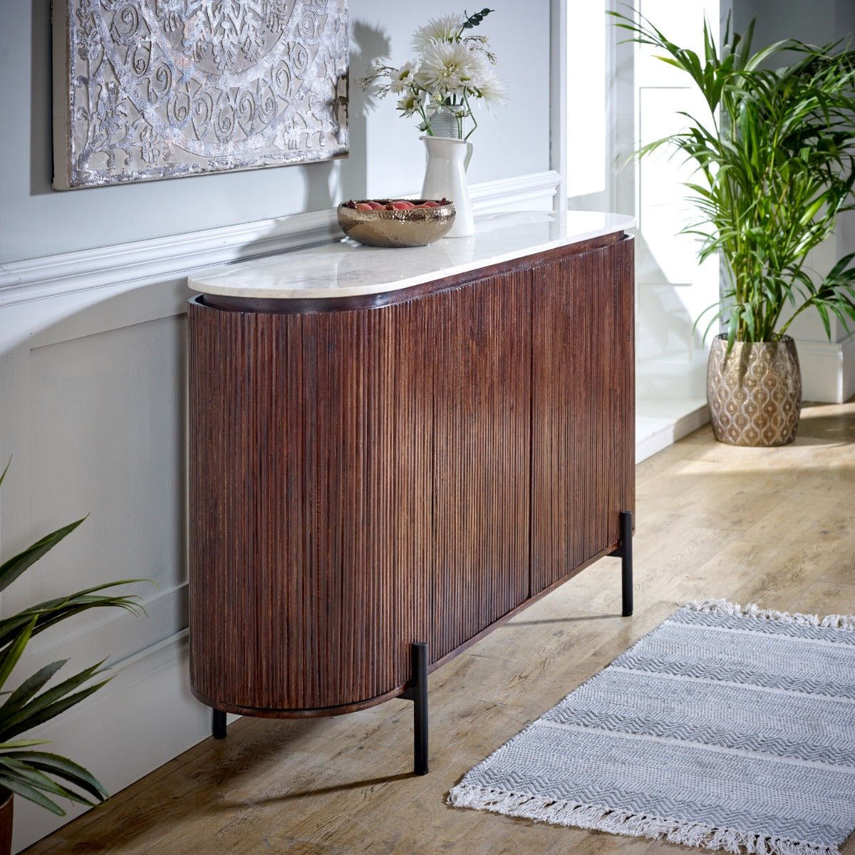 Opal mango wood sideboard with marble top and metal legs